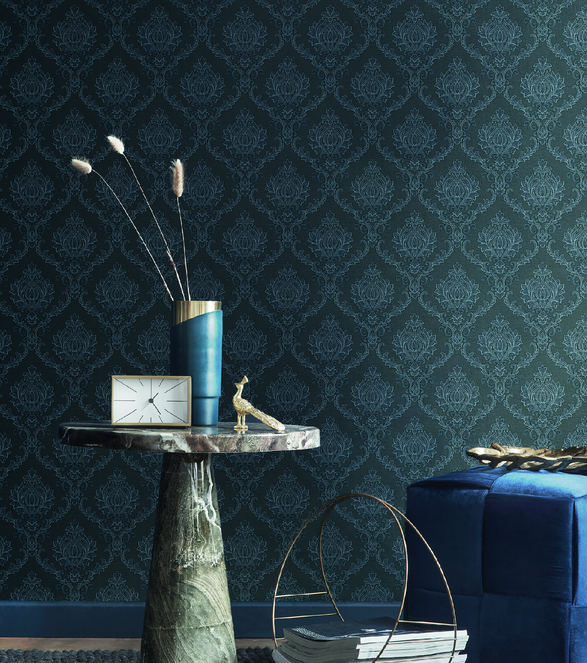 Galerie Wallcoverings Product Code 23649 - Classic Italian Wallpaper Collection - Blue Colours - A damask with a stylised, contemporary edge. Less floral and more geometric, but still with the overall traditional sumptuousness of a classic damask.  Design