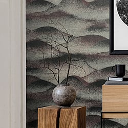 Galerie Wallcoverings Product Code: 34022 - Hotel Wallpaper Collection Galerie Wallcoverings Product Code 34022 - Hotel Wallpaper Collection - Black, Silver, Burgundy Colours - A textured misty landscape of hills Design