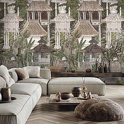 Galerie Wallcoverings Product Code HZ62080M - Horizon Wallpaper Collection - Brown Cream Green Colours - Tropical Pavillion Design